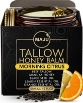 MAJU Tallow Honey Balm Morning Citrus jar on vanity for deep hydration