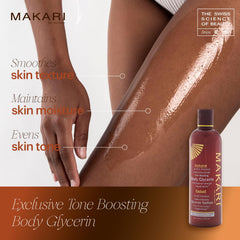 Makari body glycerin bottle with pump illustrates easy, hydrating application