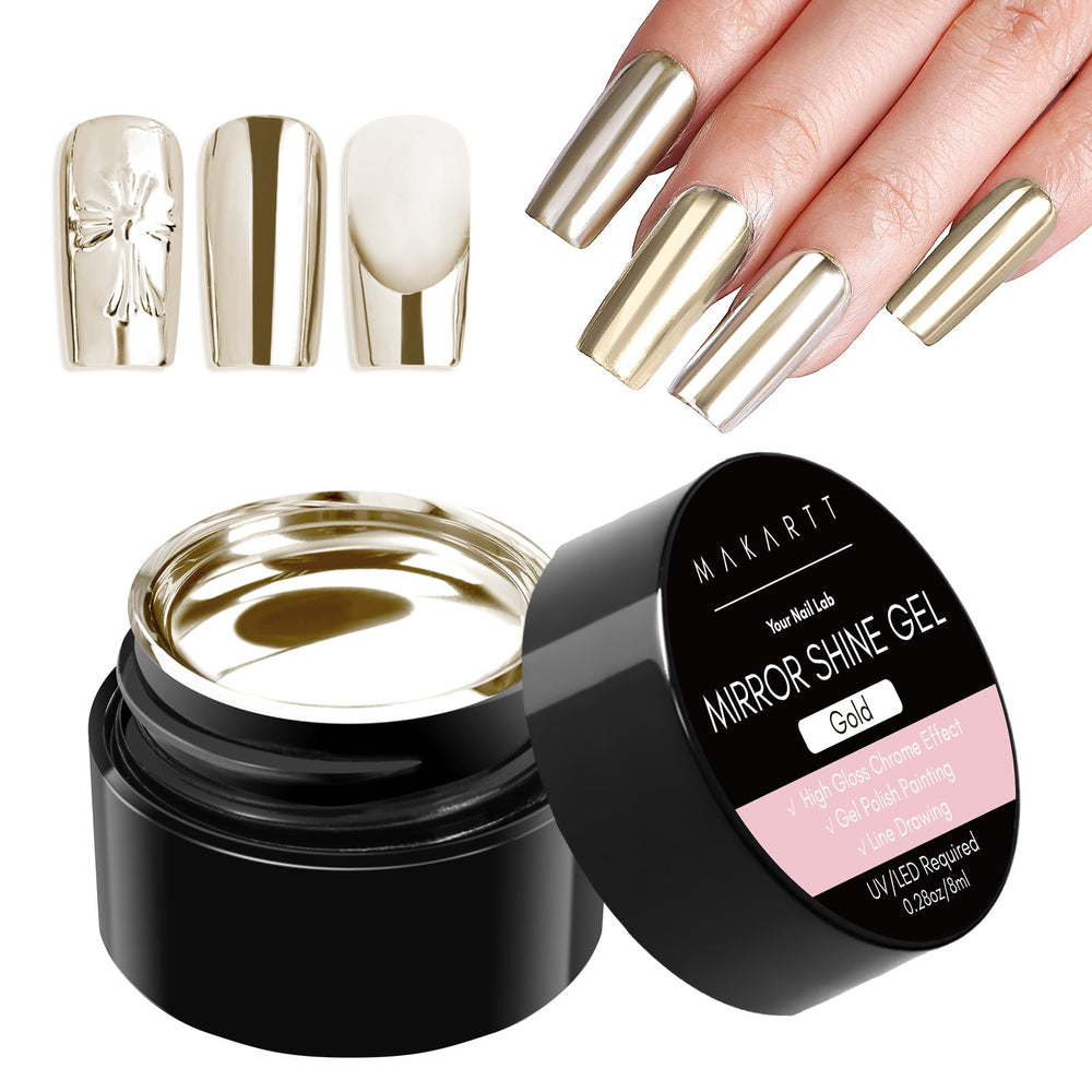 Makartt chrome gel nail polish gold mirror finish for high-gloss nails.
