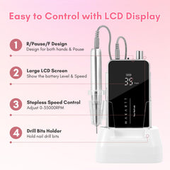 Makartt nail drill LCD display shows RPM and battery status for on-the-go adjustments.