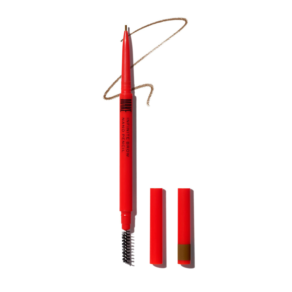MAKE Beauty Nano Brow pencil packaging close-up showing premium design and shade options