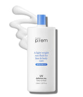 MAKEPREM Defense Me sun fluid bottle demonstrates non-greasy hydration for daily sun protection.