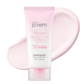 Makeprem Soothing Pink Tone Up Sunscreen packaging, compact bottle for daily mineral protection.