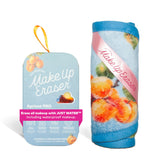 MakeUp Eraser apricot bottle close-up showing water-activated fibers for gentle makeup removal.