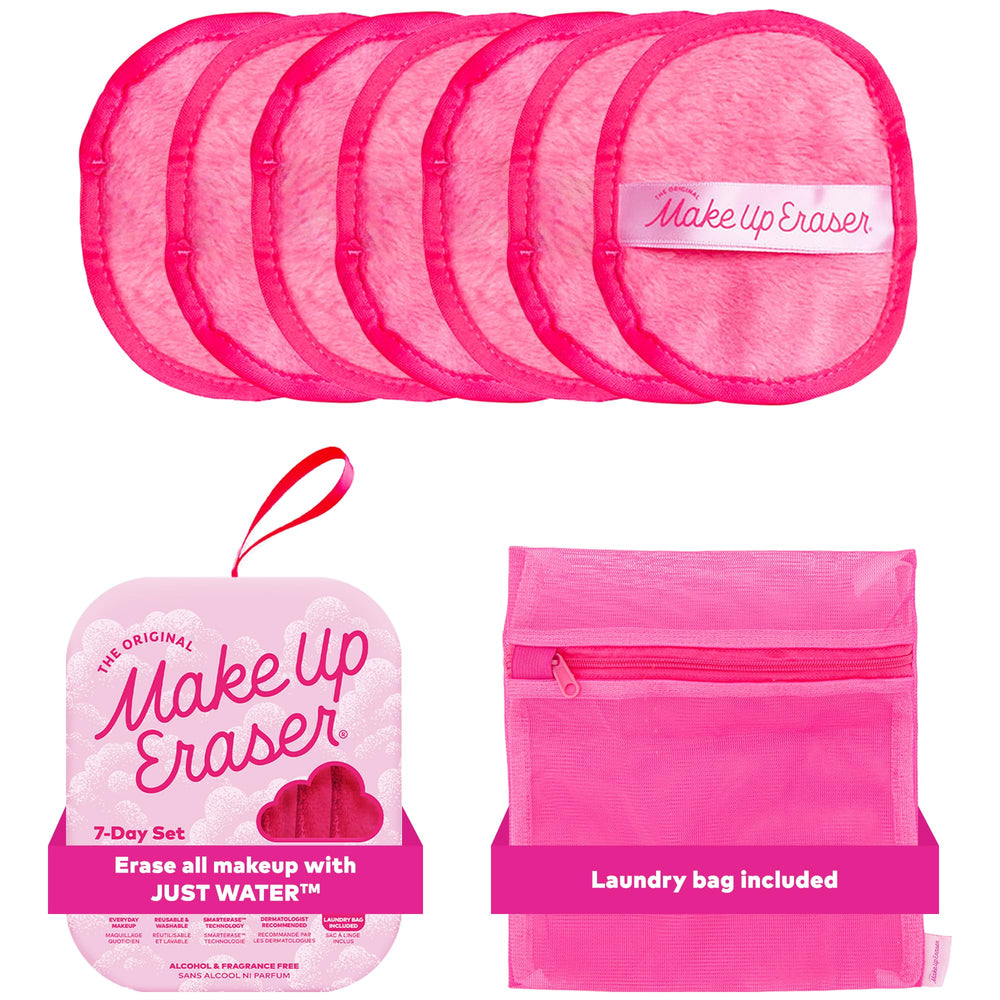 MakeUp Eraser Original Pink packaging highlights a seven-day set for water-only makeup removal.