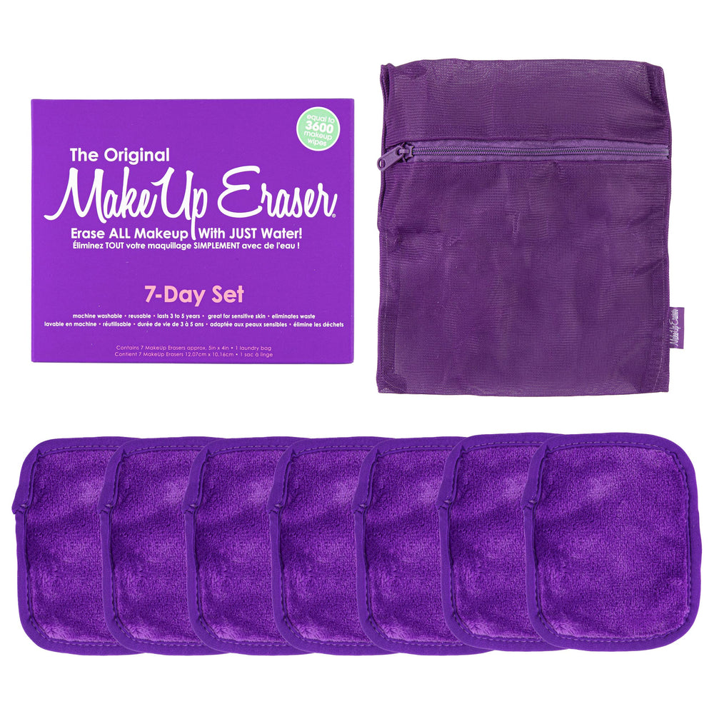 MakeUp Eraser Original Queen Purple pack shot featuring the 7-day set for water-only makeup removal