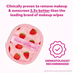 MakeUp Eraser Strawberry Fields daily-use set image emphasizes reusable cloth for gentle, water-based cleansing.