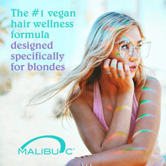 Malibu C Blondes Conditioner bottle provides moisture and helps maintain color vibrancy.