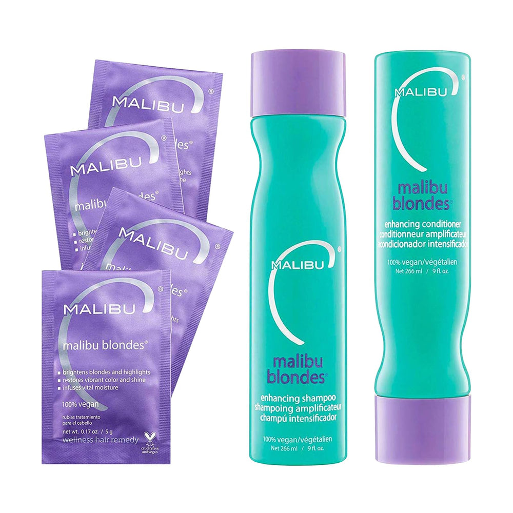 Malibu C Blondes Shampoo bottle highlights color-safe cleansing for vibrant blondes.