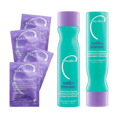 Malibu C Blondes Shampoo bottle highlights color-safe cleansing for vibrant blondes.