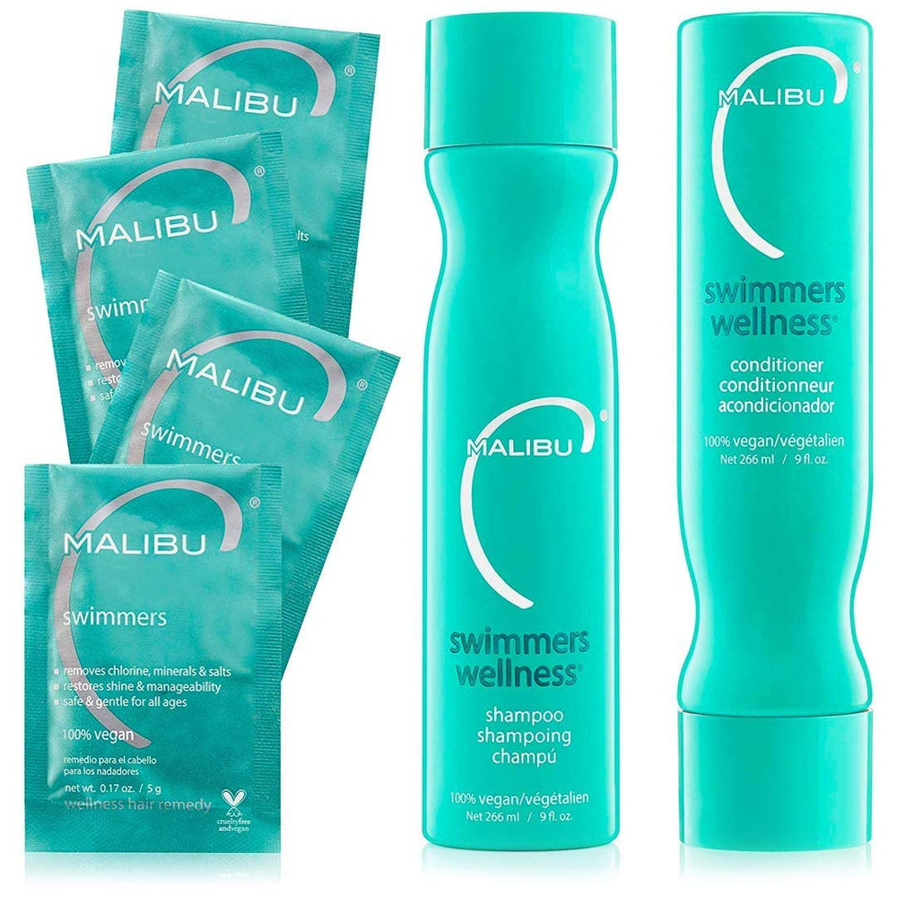Malibu C Swimmers Shampoo bottle demonstrates chlorine removal for healthier, more manageable hair.