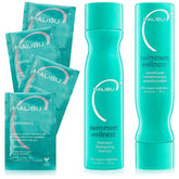 Malibu C Swimmers Shampoo bottle demonstrates chlorine removal for healthier, more manageable hair.