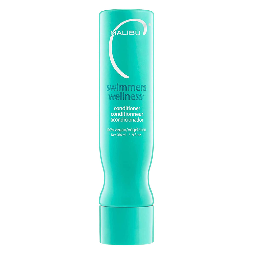 Malibu C Swimmers Wellness conditioner bottle closeup showing color-safe, moisture-rich care after swimming