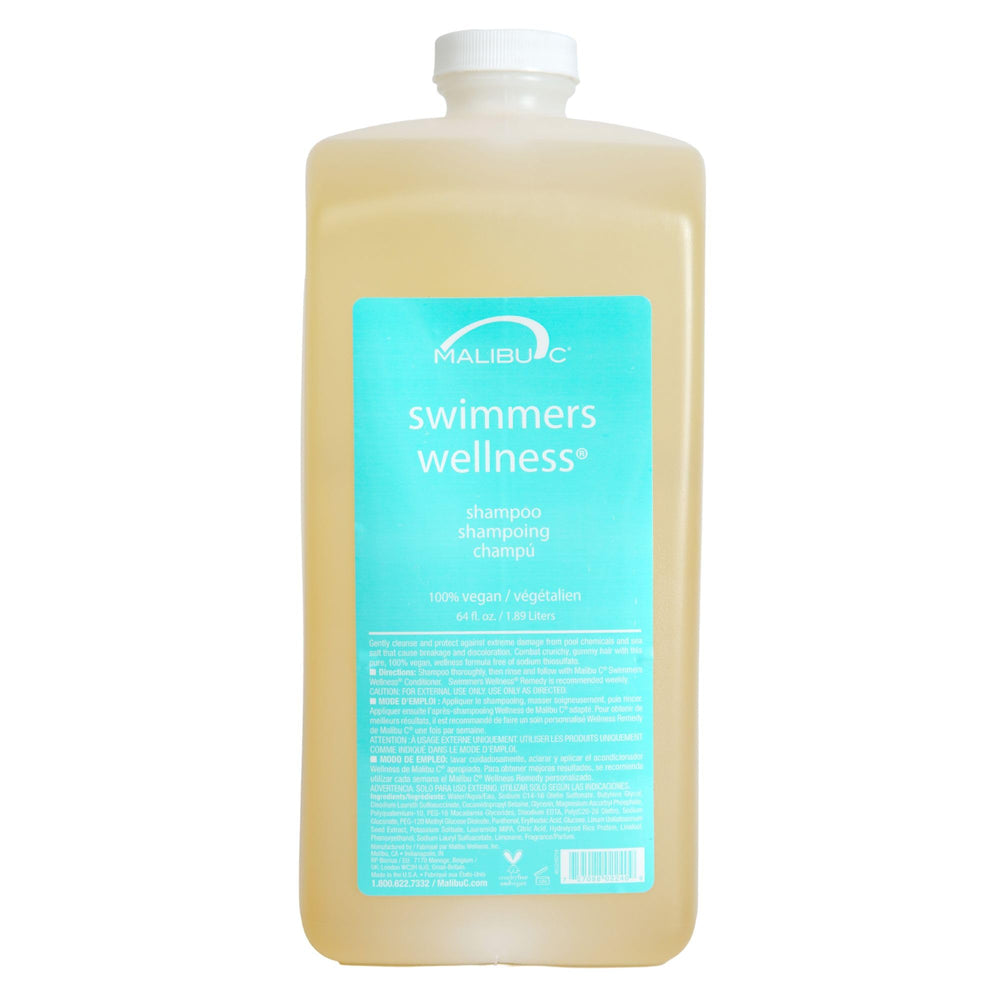 Malibu C Swimmers Wellness Shampoo bottle front shows chlorine protection for healthier hair