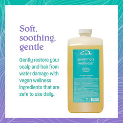 Malibu C Swimmers Wellness Shampoo bottle side highlights mineral removal and moisture retention