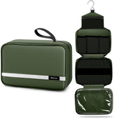 Maliton toiletry bag olive green front view highlights spacious capacity for travel essentials