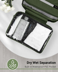 Maliton toiletry bag hanging on shower rod demonstrates easy access and space optimization