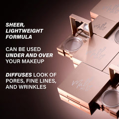 Mally Beauty Poreless Face Defender porcelain swatch highlights translucent texture for soft-focus pores.