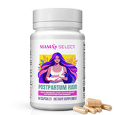 Mama's Select postpartum hair loss vitamins bottle closeup for hair health support