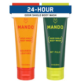 Mando Acidified Body Wash bourbon leather bottle highlights long-lasting freshness.