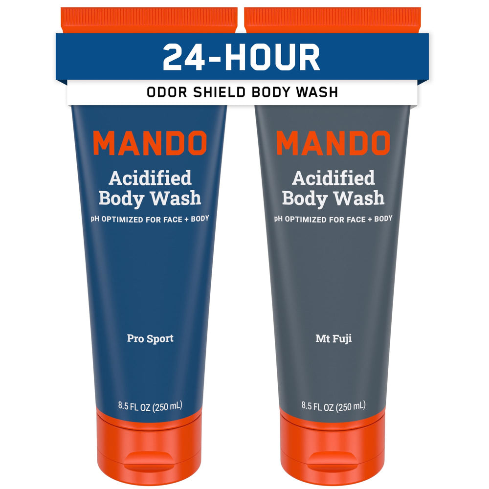 Mando Acidified Body Wash Pro Sport bottle showcases citrus-forward scent for all-day freshness.