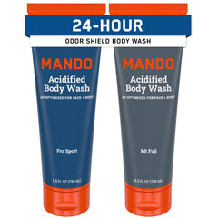 Mando Acidified Body Wash Pro Sport bottle showcases citrus-forward scent for all-day freshness.