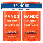 Mando Bourbon Leather antiperspirant stick front view with 2-pack packaging for all-day protection