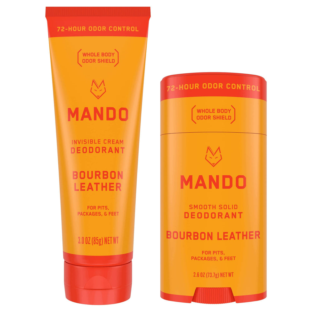 Mando Bourbon Leather deodorant tube front showing all-day odor protection potential