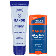 Mando cream bottle application shows long-lasting odor control with invisible finish.