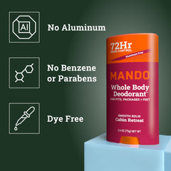Mando underarm close-up demonstrating skin-safe aluminum-free formula.