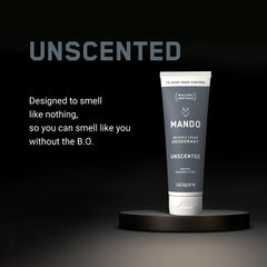 Mando invisible-cream tub closeup highlights unscented, skin-safe formula.