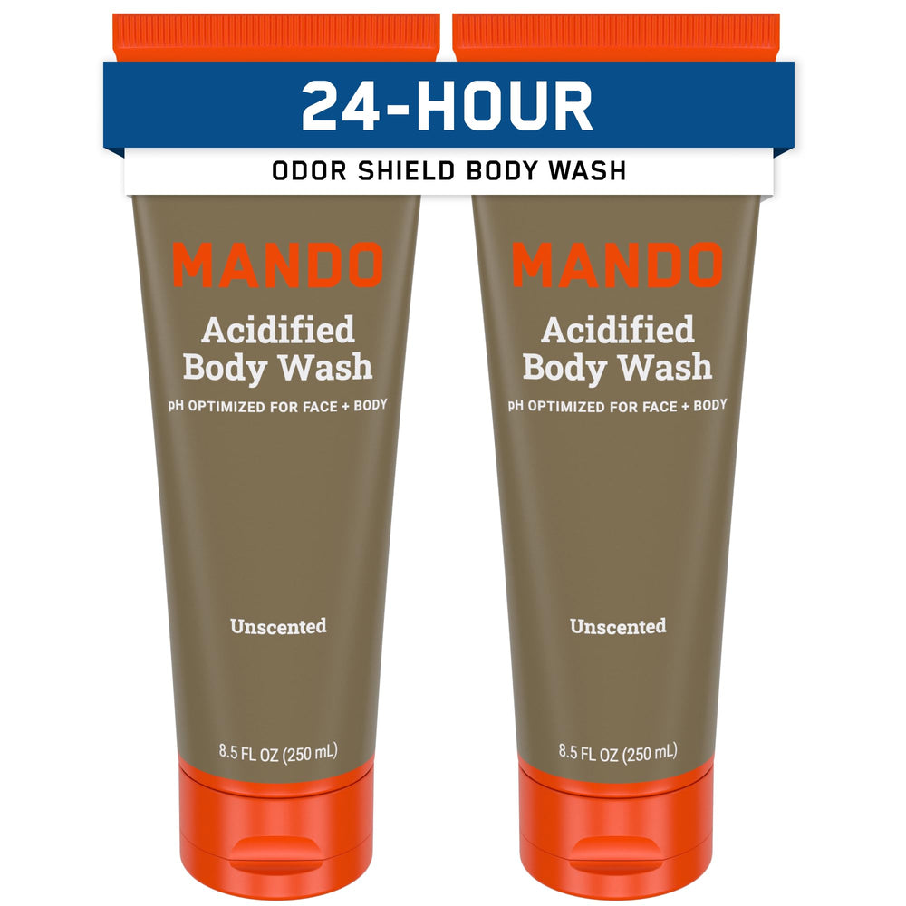 Mando Odor Shield Body Wash bottle front showing unscented formula for everyday cleansing