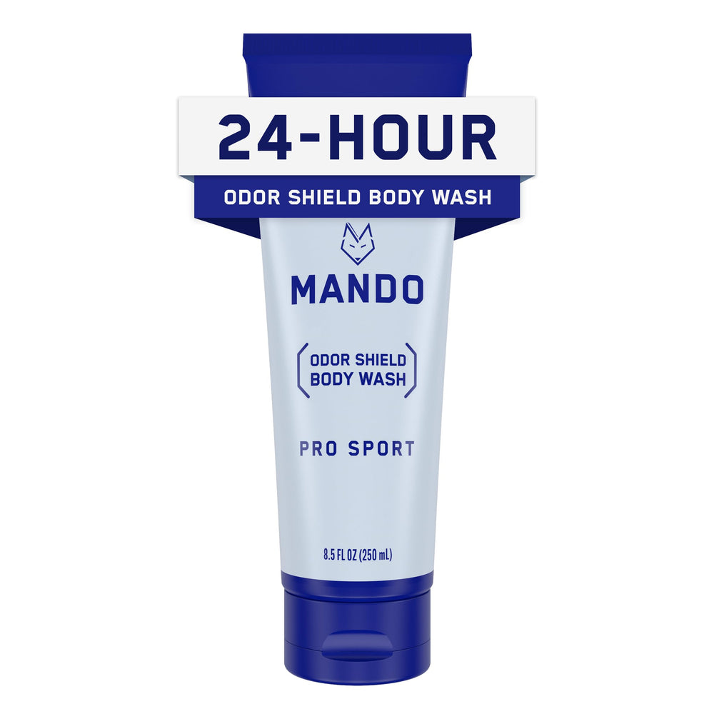 Mando Odor Shield body wash bottle promotes all-day odor control.