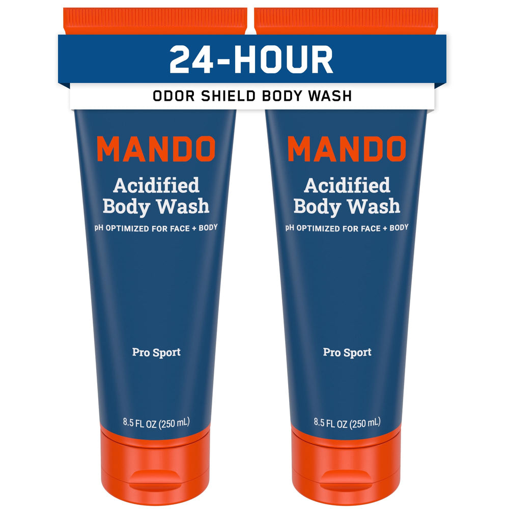 Mando Odor Shield Body Wash bottle demonstrating 24-hour odor control