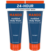 Mando Odor Shield Body Wash bottle demonstrating 24-hour odor control