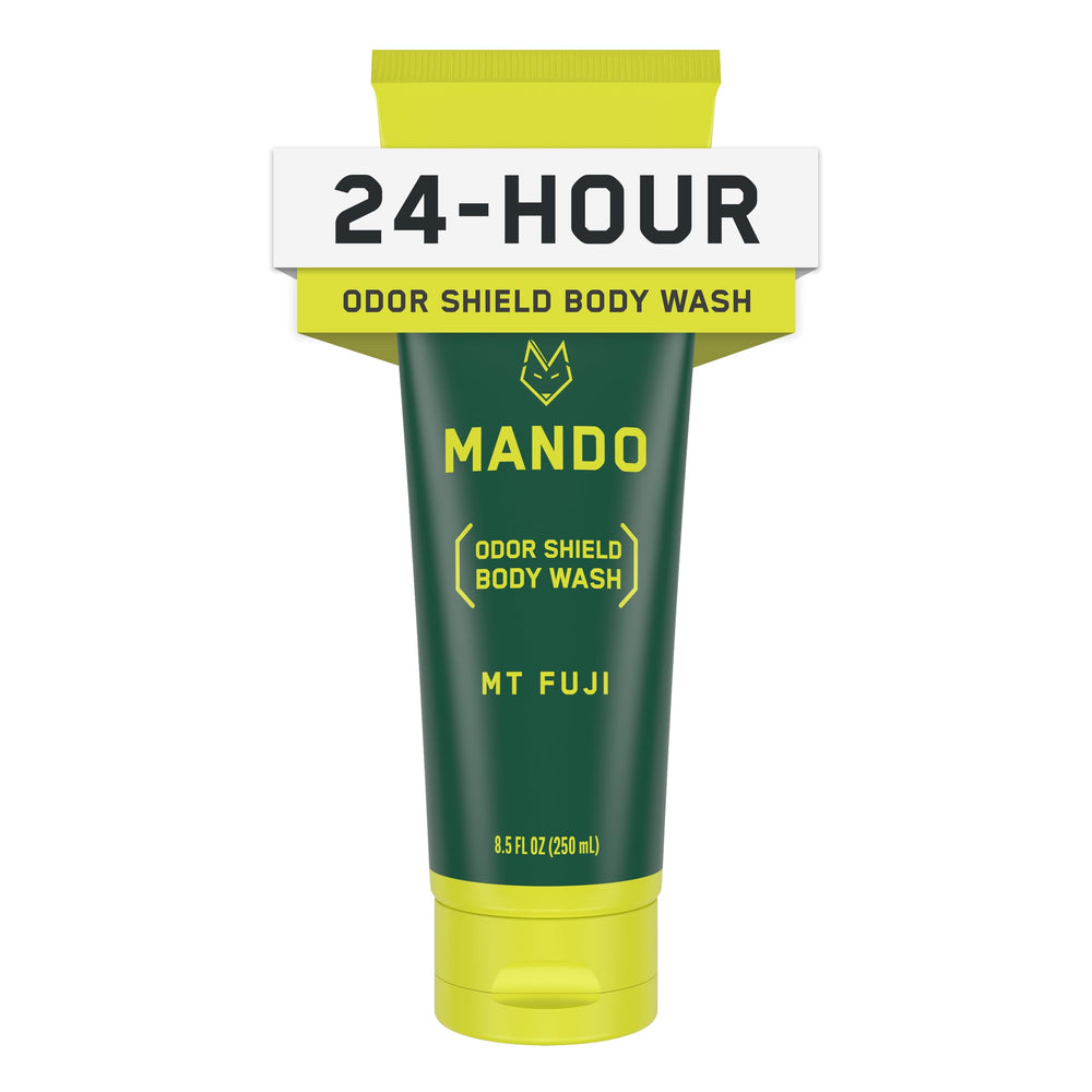 Mando Odor Shield Body Wash bottle ready for daily odor control.