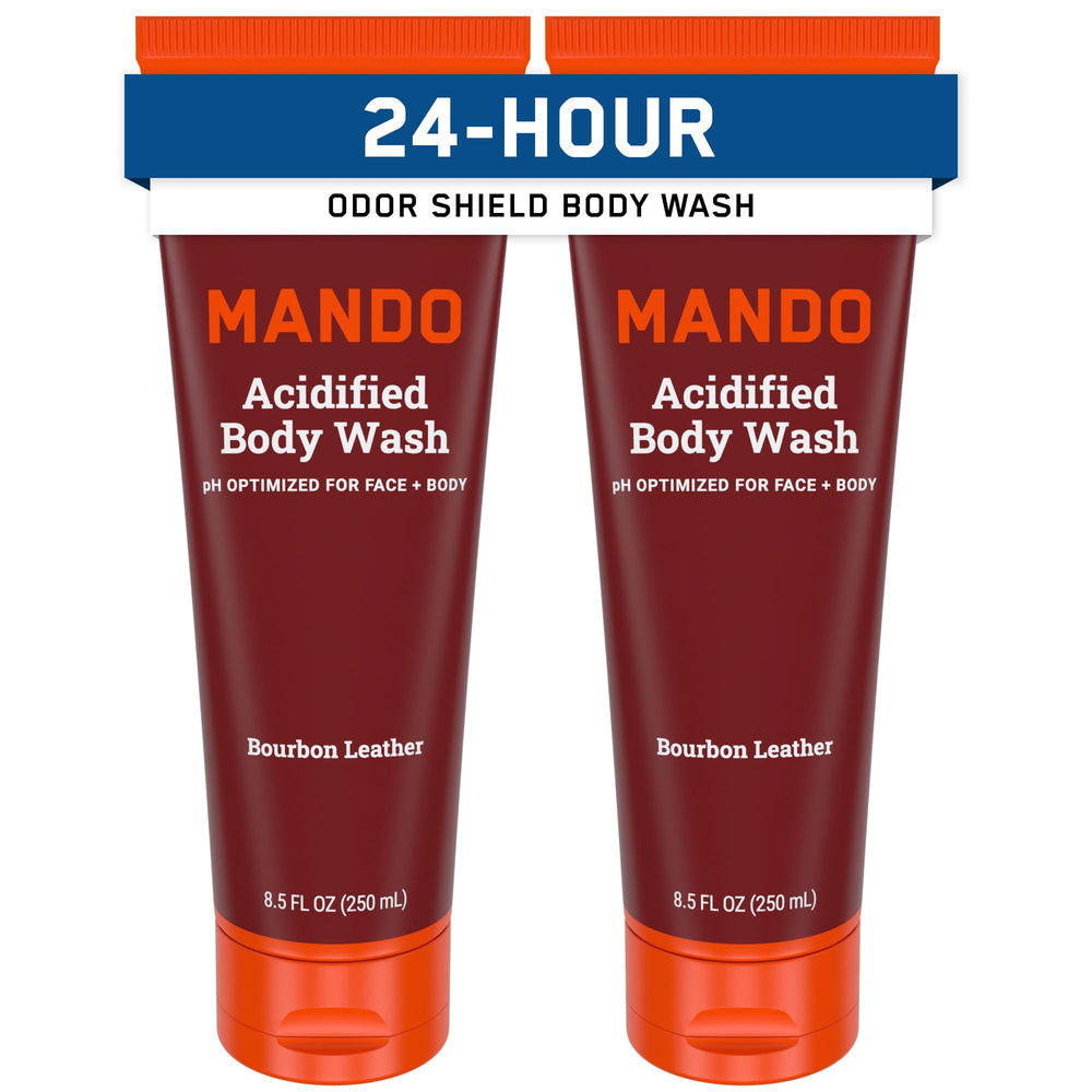 Mando Odor Shield Bourbon Leather bottle delivers lasting freshness after showers.