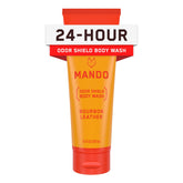 Mando Odor Shield Body Wash Bourbon Leather bottle pour delivers 24-hour odor control.