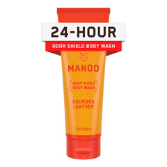 Mando Odor Shield Body Wash Bourbon Leather bottle pour delivers 24-hour odor control.