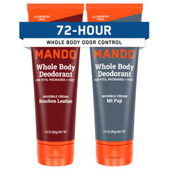 Mando whole body deodorant 2-pack front label showcases aluminum-free protection for enduring freshness.