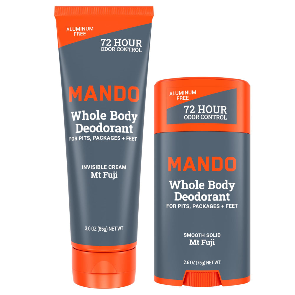 Mando invisible-cream bottle shows coverage for all-day odor prevention.