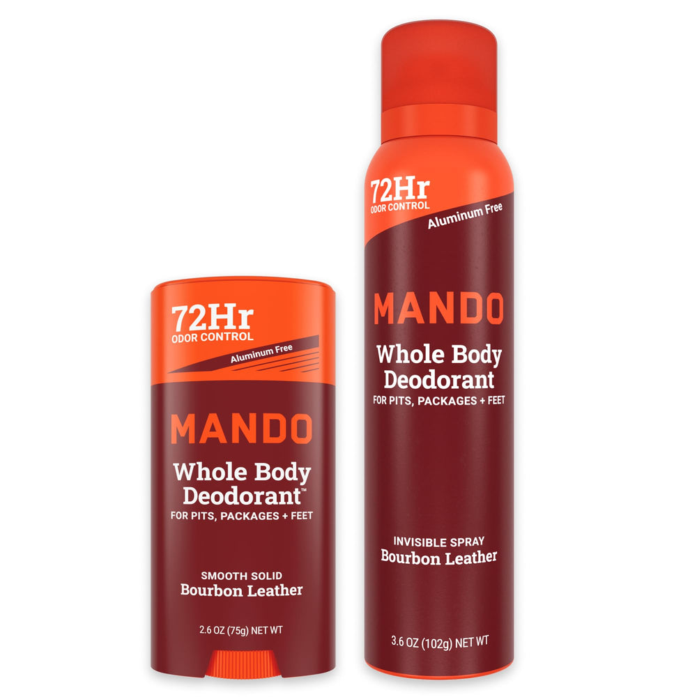 Mando Bourbon Leather solid-stick deodorant in use for all day odor protection.