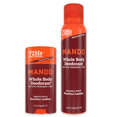 Mando Bourbon Leather solid-stick deodorant in use for all day odor protection.