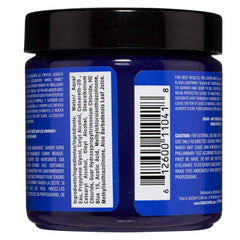 MANIC PANIC Blue Moon swatch on hair demonstrates bright true blue shade.