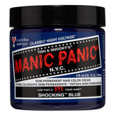 MANIC PANIC Shocking Blue bottle shows high-pigment color for bold, long-lasting results.