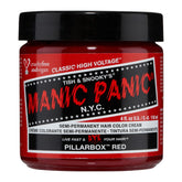 MANIC PANIC Pillarbox Red bottle closeup shows vibrant true red for DIY color