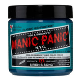 MANIC PANIC Siren's Song neon blue-green bottle shows vibrant color lasting 4-6 weeks.