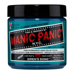 MANIC PANIC Siren's Song neon blue-green bottle shows vibrant color lasting 4-6 weeks.