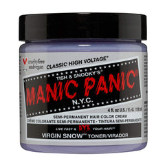 MANIC PANIC Virgin Snow Toner bottle closeup showing brassiness reduction for pale blondes.