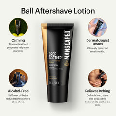 MANSCAPED Crop Soother bottle back highlights alcohol-free formula and soothing ingredients.